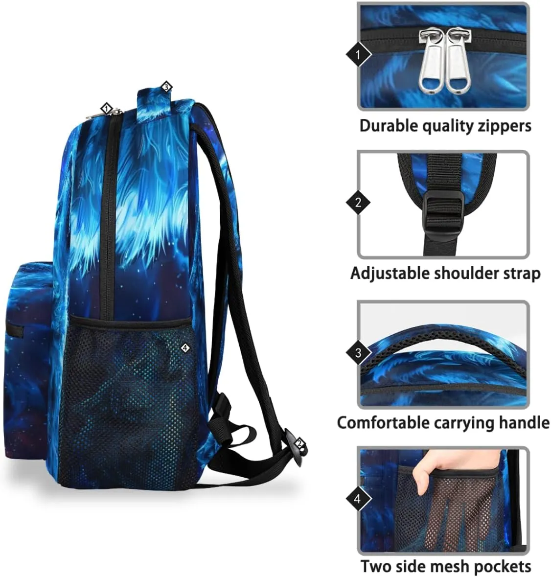 cfpolar Wolf Backpack for School, Blue Wolf Galaxy Space Laptop Backpack Water Resistant Bookbag Computer Bag Travel Hiking Camping Rucksack Daypack Shoulder Bag for Teenager Boys Girls Kids