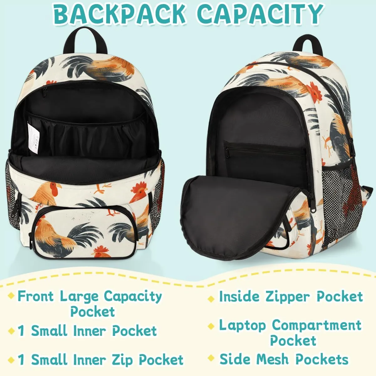 Chicken Carry on Travel Backpack for Women Men Water resistant Lightweight Rucksack Backpack for Weekender Casual Work Hiking Chicken Themed