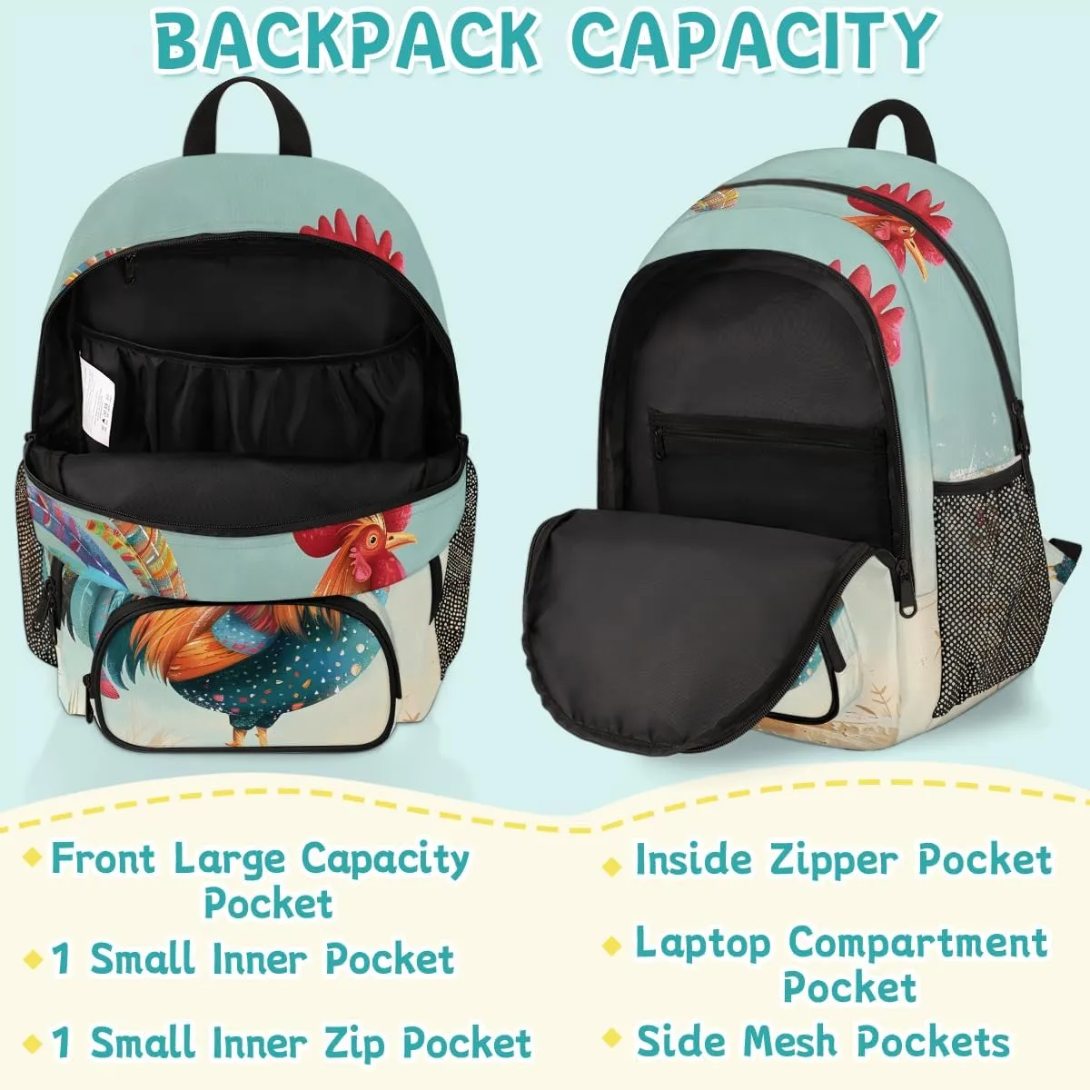Chicken Rooster Carry on Travel Backpack for Women Men Water resistant Lightweight Rucksack Backpack for Weekender Casual Work Hiking Cocks and Hens Farm