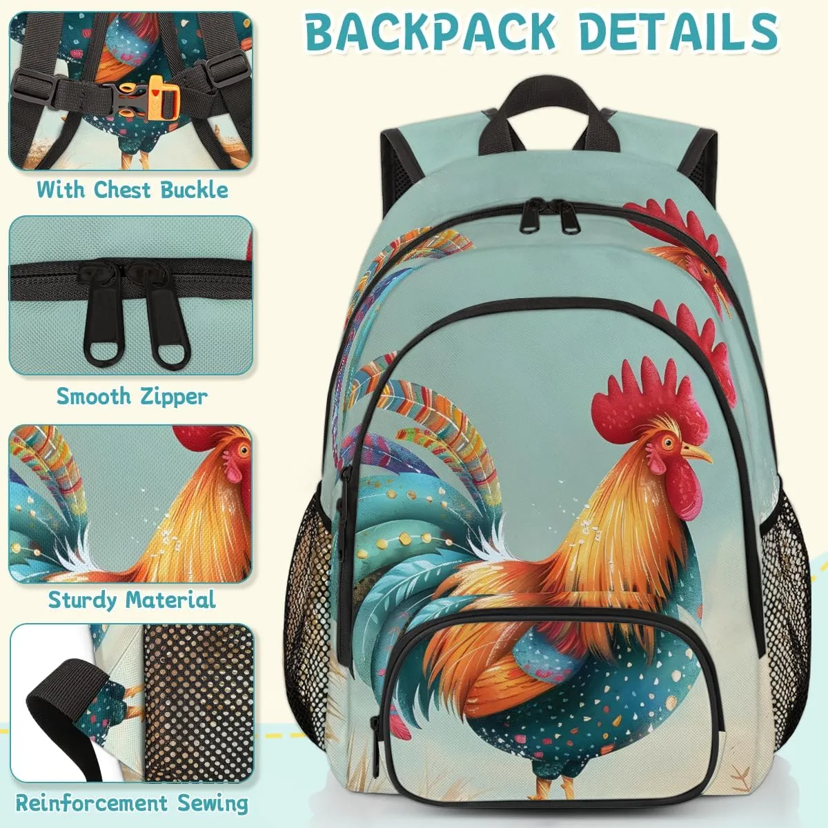 Chicken Rooster Carry on Travel Backpack for Women Men Water resistant Lightweight Rucksack Backpack for Weekender Casual Work Hiking Cocks and Hens Farm