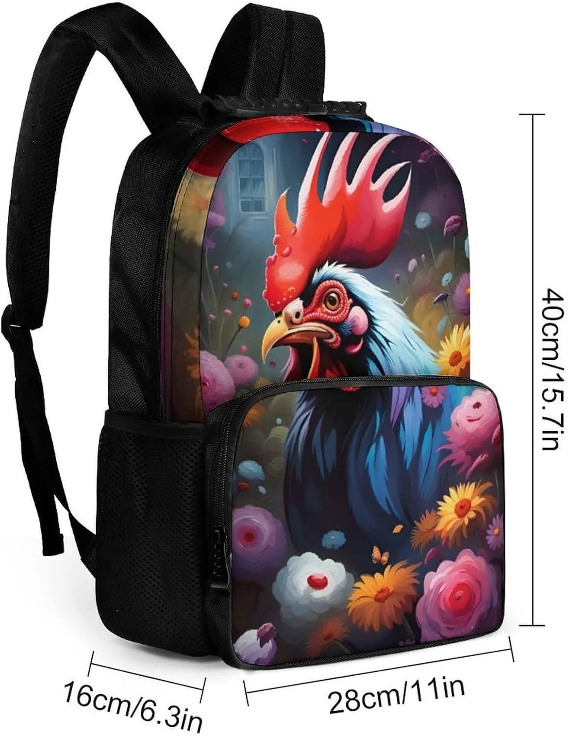 Chicken Rooster Garden Flowers Painting Rucksacks Lightweight Multipurpose Anti-Theft Shoulder Bag Big Capacity Traveling & Camping Backpack With Side Pockets