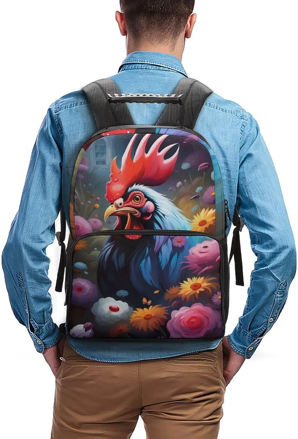 Chicken Rooster Garden Flowers Painting Rucksacks Lightweight Multipurpose Anti-Theft Shoulder Bag Big Capacity Traveling & Camping Backpack With Side Pockets