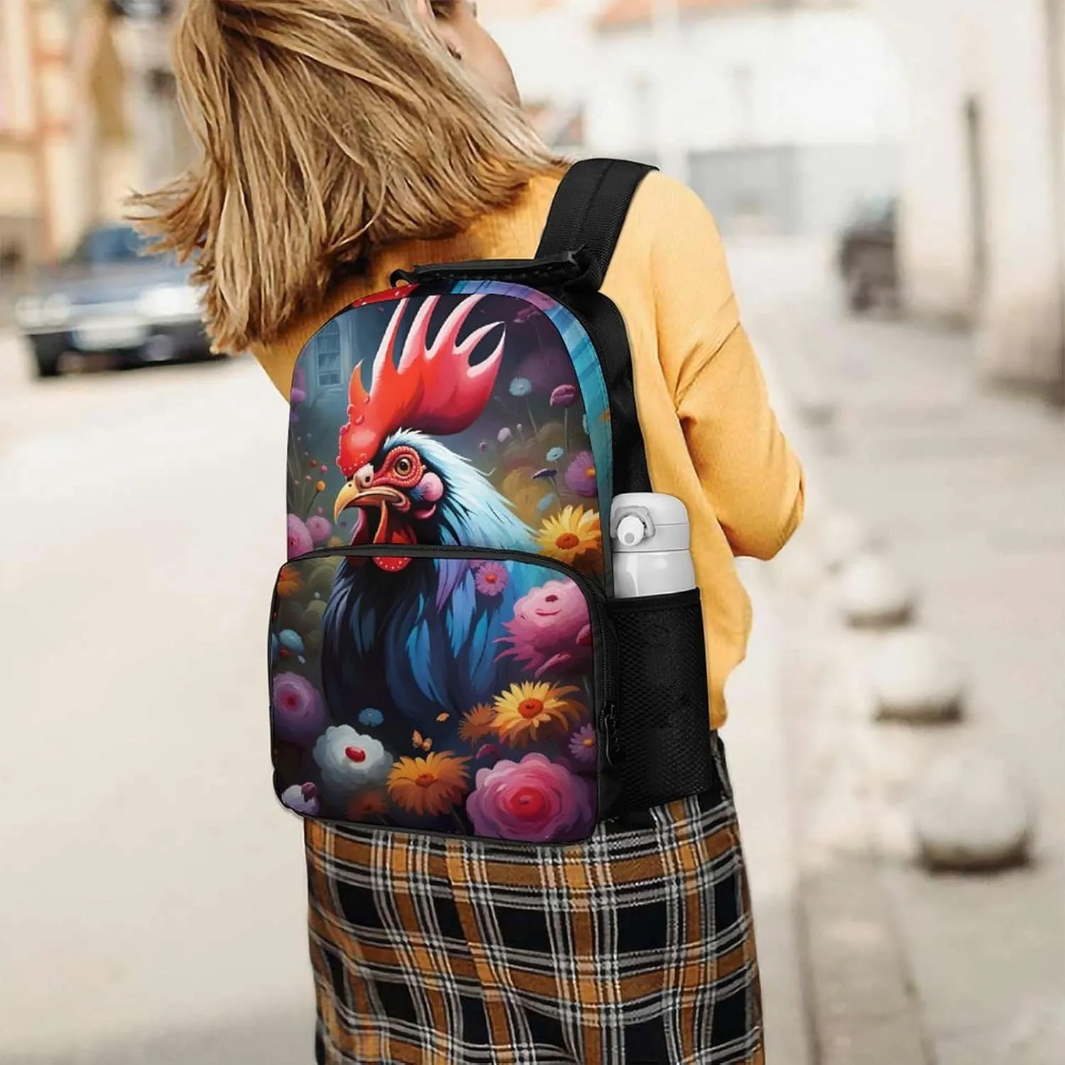 Chicken Rooster Garden Flowers Painting Rucksacks Lightweight Multipurpose Anti-Theft Shoulder Bag Big Capacity Traveling & Camping Backpack With Side Pockets