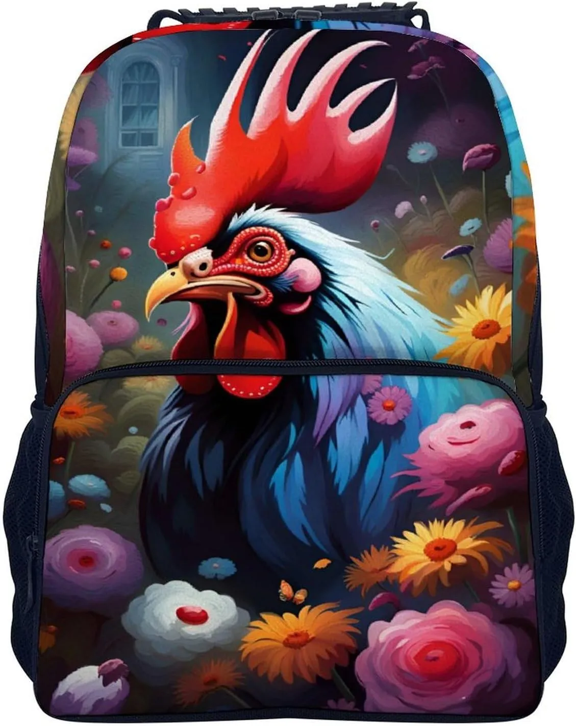 Chicken Rooster Garden Flowers Painting Rucksacks Lightweight Multipurpose Anti-Theft Shoulder Bag Big Capacity Traveling & Camping Backpack With Side Pockets