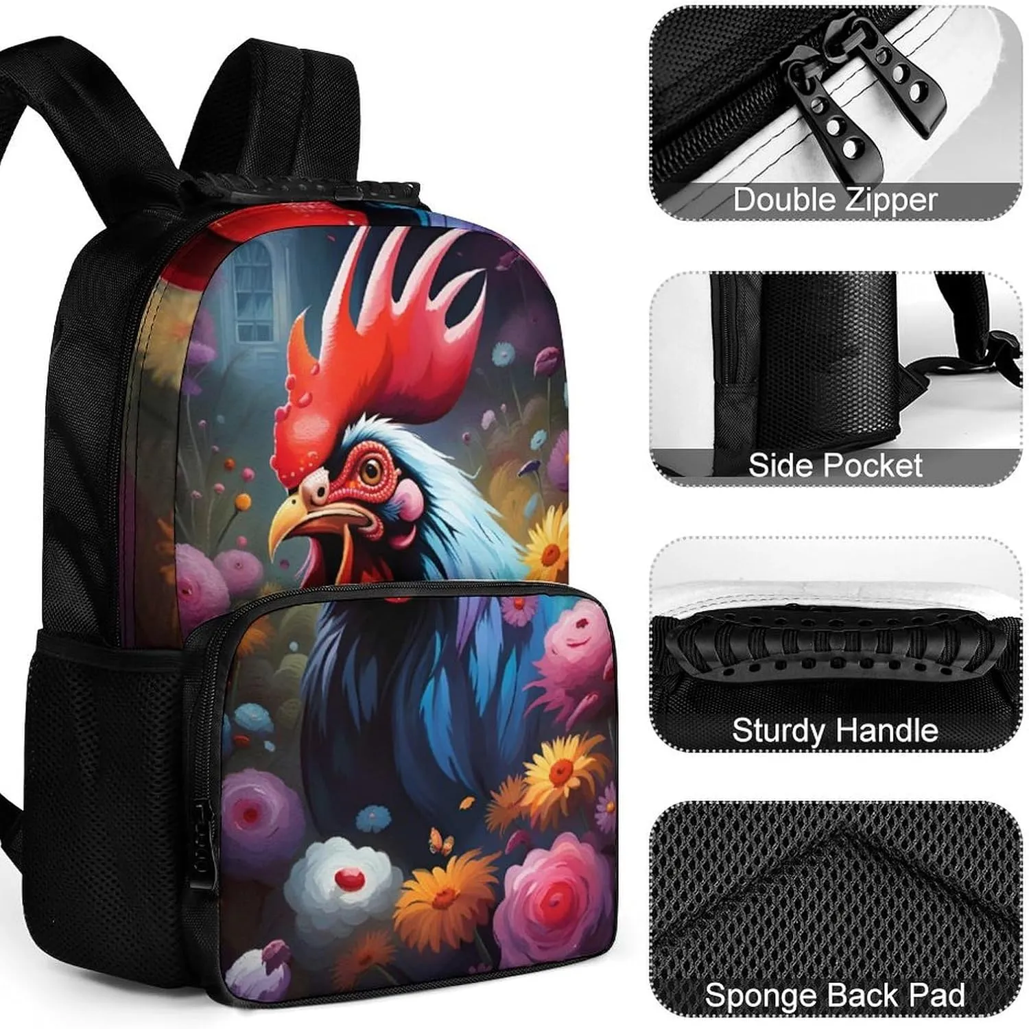 Chicken Rooster Garden Flowers Painting Rucksacks Lightweight Multipurpose Anti-Theft Shoulder Bag Big Capacity Traveling & Camping Backpack With Side Pockets