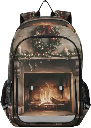 Christmas Fireplace Tree Backpack Travel Laptop Daypack Shoulder Bag Book Bag Daypack with Reflective Strip 12.9 ×17.7 In