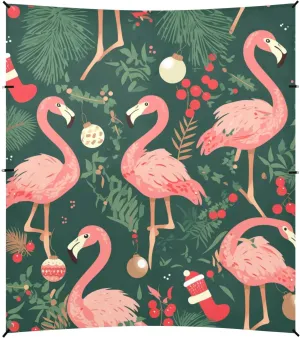 Christmas Pattern with Pink Flamingo Olive Foldable Beach Cabana UPF50 Lightweight Portable Sunshade with Sandbags & Sand Shovel for Camping, Picnics, Backyard & Fishing
