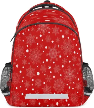 Christmas Snowflake White Dot Backpack with Reflective Strip, Red Lightweight Backpack Travel Bag Casual Daypack Laptop Bag