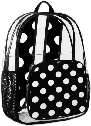 Classic Polka Dot Clear Backpack Heavy Duty PVC Black White Transparent Back Pack See Through Backpack for College Work Travel Festival