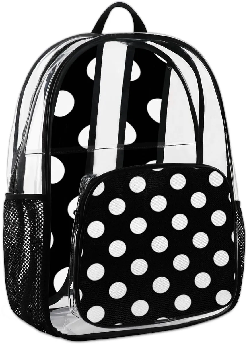 Classic Polka Dot Clear Backpack Heavy Duty PVC Black White Transparent Back Pack See Through Backpack for College Work Travel Festival