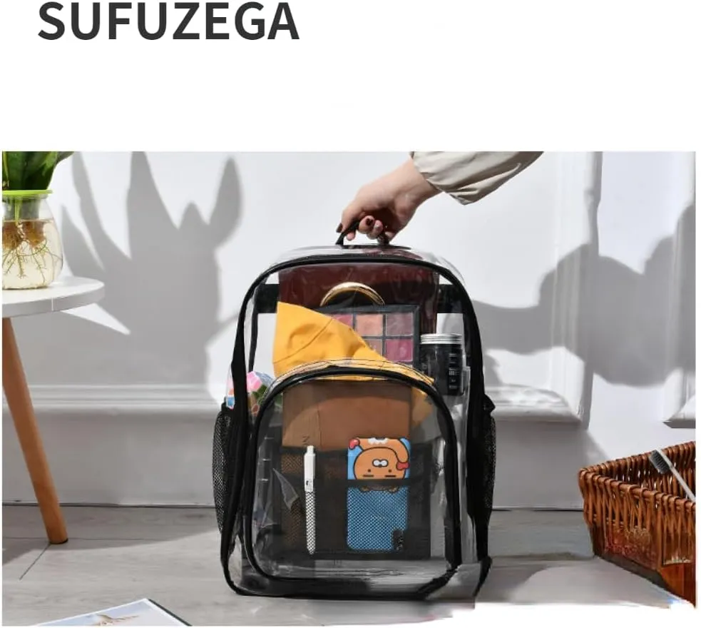 Clear Backpack Heavy Duty PVC Transparent Backpack Large Clear Bag for Stadium Events Work (Black)