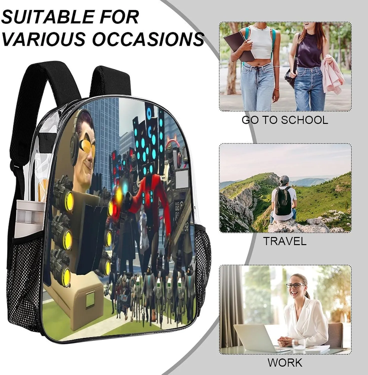 Clear Backpack Heavy Duty PVC Transparent Funny Toi-let Backpack 17"" Large Capacity See Through Bag for College, 43x32x13cm, Style-1