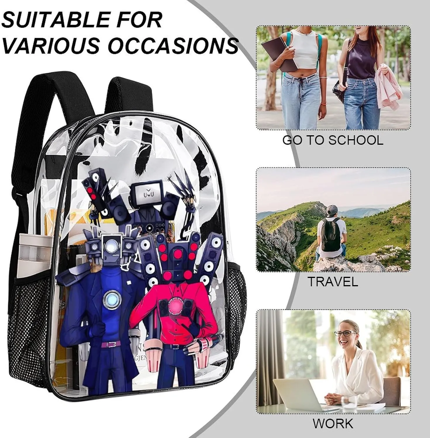 Clear Backpack Heavy Duty PVC Transparent Funny Toi-let Backpack 17"" Large Capacity See Through Bag for College, 43x32x13cm, Style-5