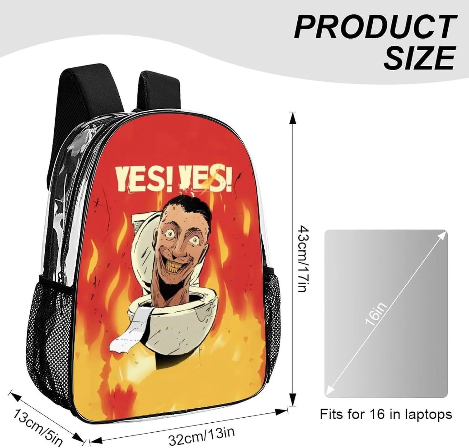 Clear Backpack Heavy Duty PVC Transparent Funny Toi-let Backpack 17"" Large Capacity See Through Bag for Travel, 43x32x13cm, Style-2