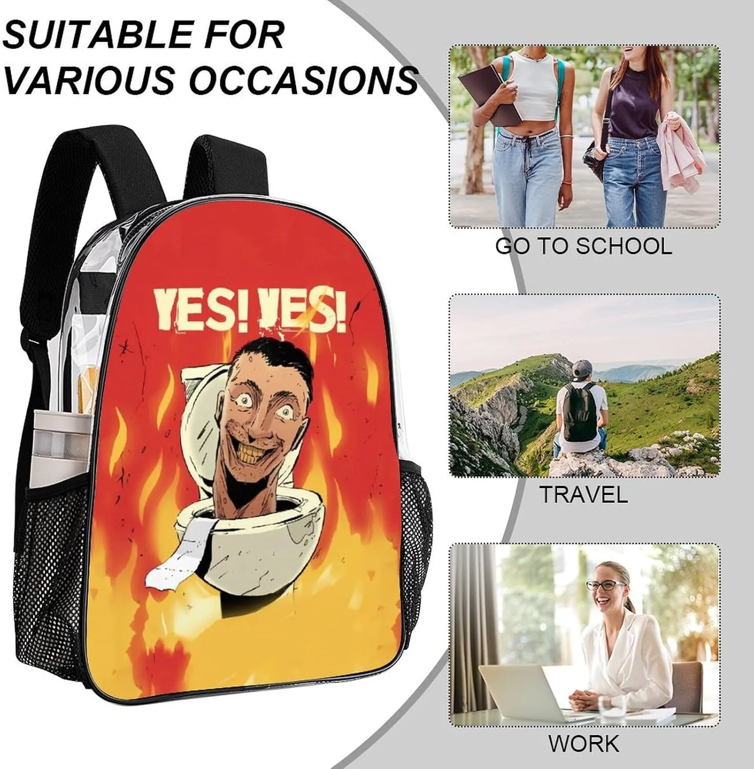 Clear Backpack Heavy Duty PVC Transparent Funny Toi-let Backpack 17"" Large Capacity See Through Bag for Travel, 43x32x13cm, Style-2
