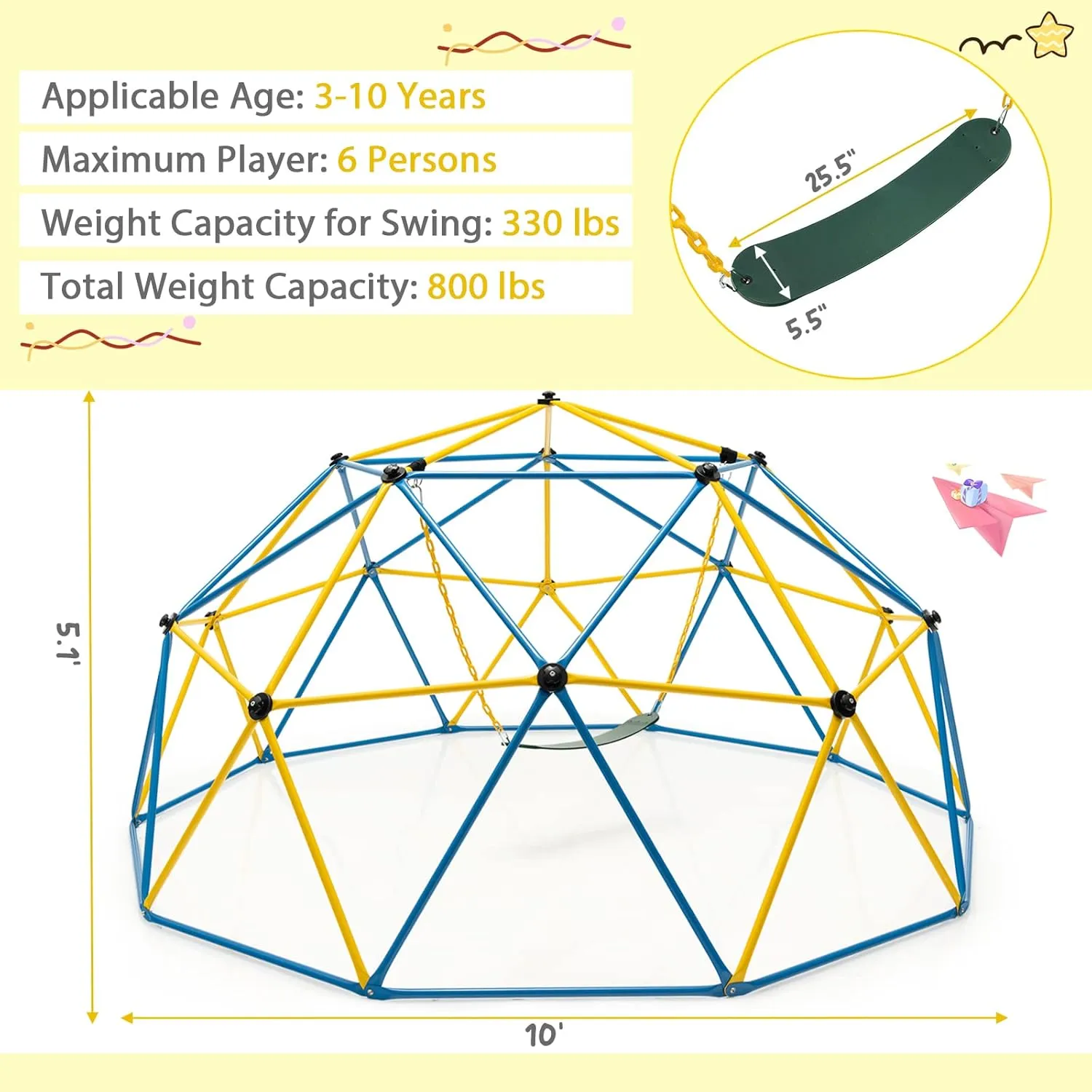Climbing Dome with Swing, 10 FT x 5.1 FT, Supports 800 LBS, Geometric Dome Climber for Indoor & Outdoor Use, Dome Climber for Boys Girls, Jungle Gym for Kids Ages 3-10 (Blue  Yellow)