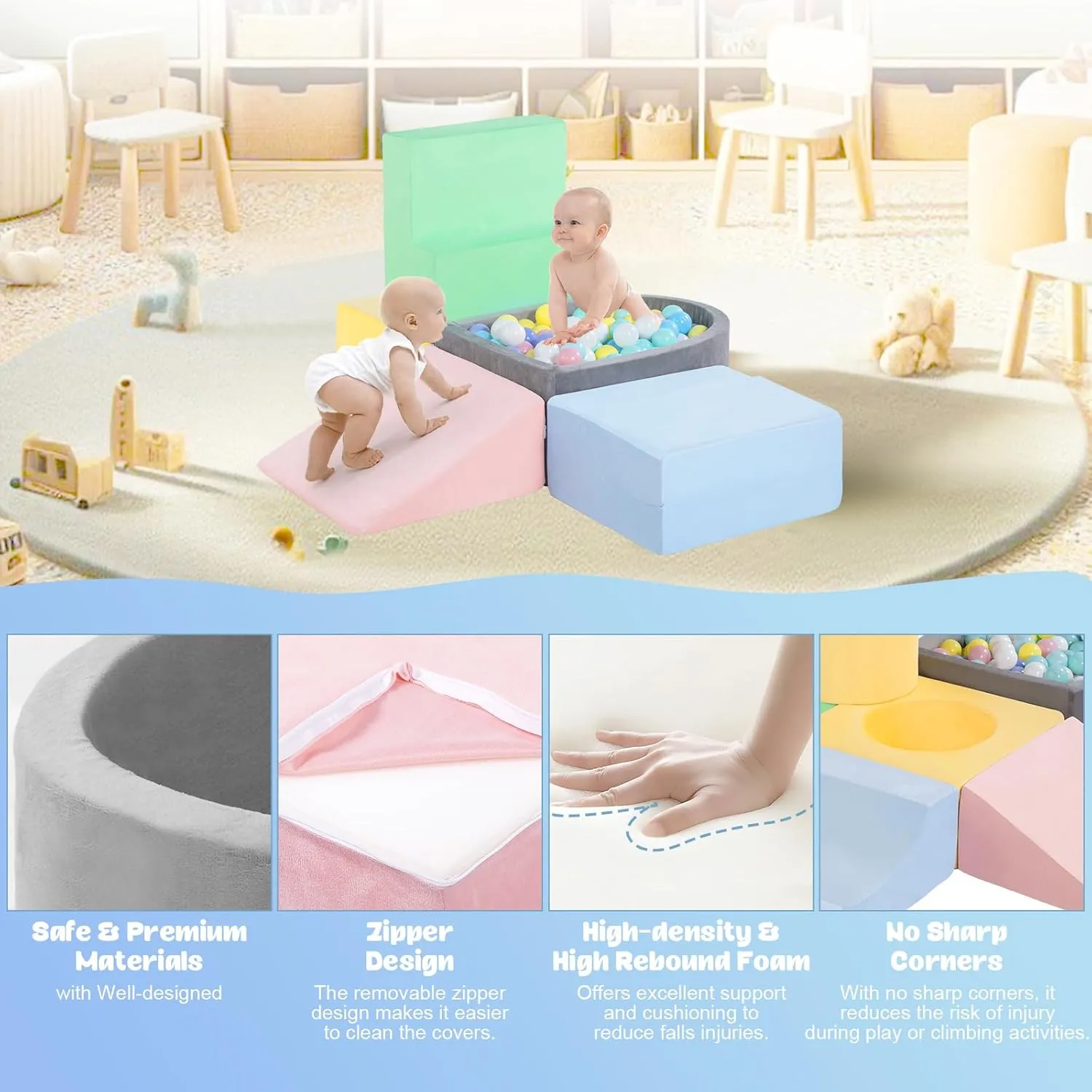 Climbing Toys for Toddlers 1-3 Inside, Baby Foam Climbing Blocks with Ball Pit for Toddlers, 6-Piece Soft Play Climbing Blocks, Indoor Climb Crawl Activity Play Set, Birthday Gift (Balls not Included)