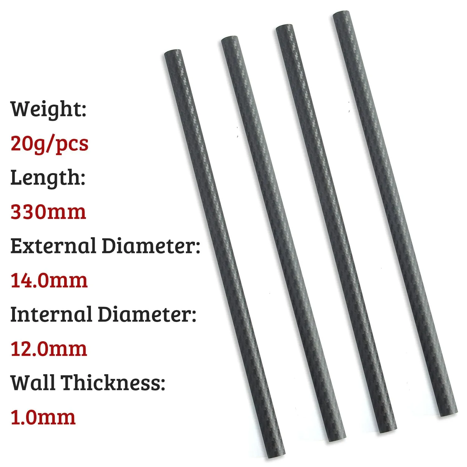 cncarbonfiber 4pcs 14mm Carbon Fiber Tube 14mmx12mmx330mm 3K Roll Wrapped Twill Matte Finish