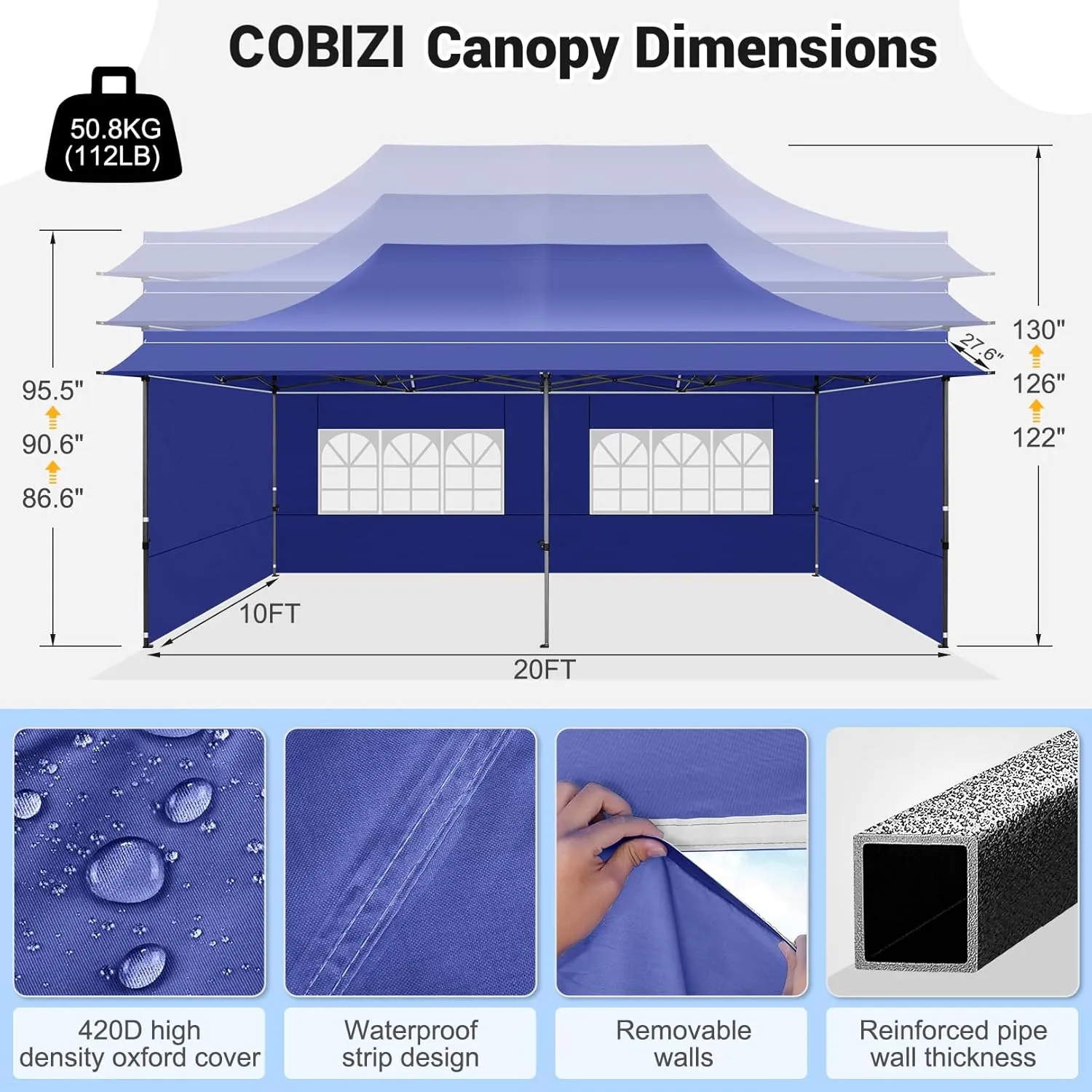 COBIZI 10x20 Pop Up Canopy Tent Heavy Duty with Sidewalls, Outdoor Commercial Canopy with Awning, Waterproof&45 SF Extended Awning, Vendor Tent for Market, Party Events, Dark Blue