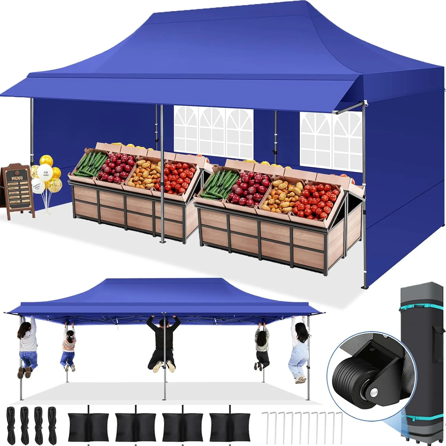 COBIZI 10x20 Pop Up Canopy Tent Heavy Duty with Sidewalls, Outdoor Commercial Canopy with Awning, Waterproof&45 SF Extended Awning, Vendor Tent for Market, Party Events, Dark Blue