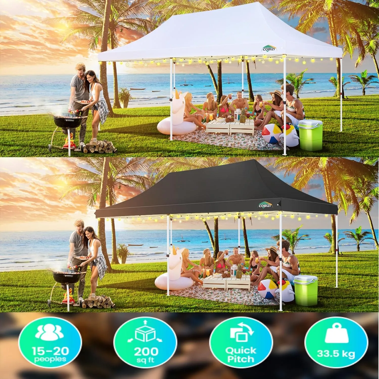 COBIZI 10x20 Pop Up Canopy Tent with Sidewalls,Party Tent Outdoor Gazebos, Waterproof & UV50 ,3 Adjustable Heights,Higher Frame Design - Extra Tall for Parties Backyard,Weddings,Markets,White