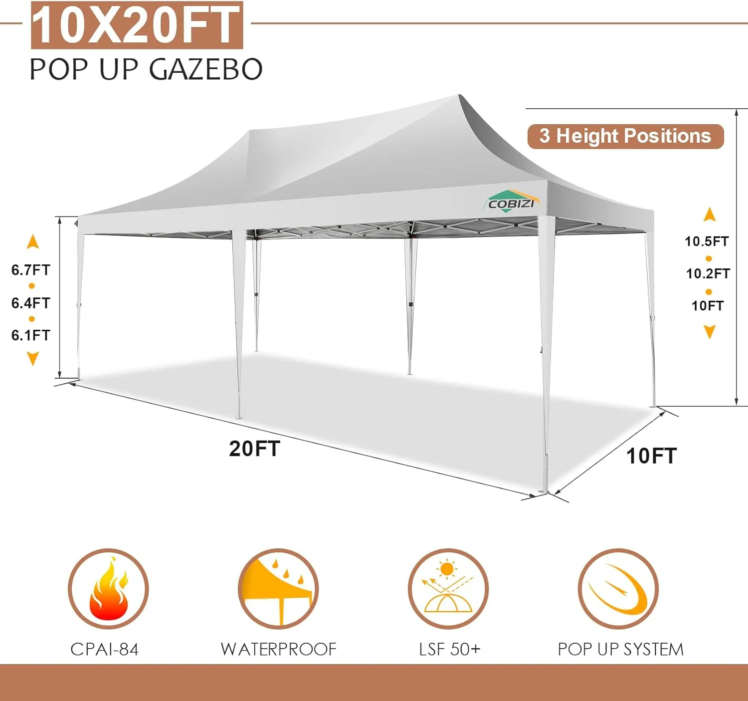 COBIZI 10x20 Pop Up Canopy Tent with Sidewalls,Party Tent Outdoor Gazebos, Waterproof & UV50 ,3 Adjustable Heights,Higher Frame Design - Extra Tall for Parties Backyard,Weddings,Markets,White