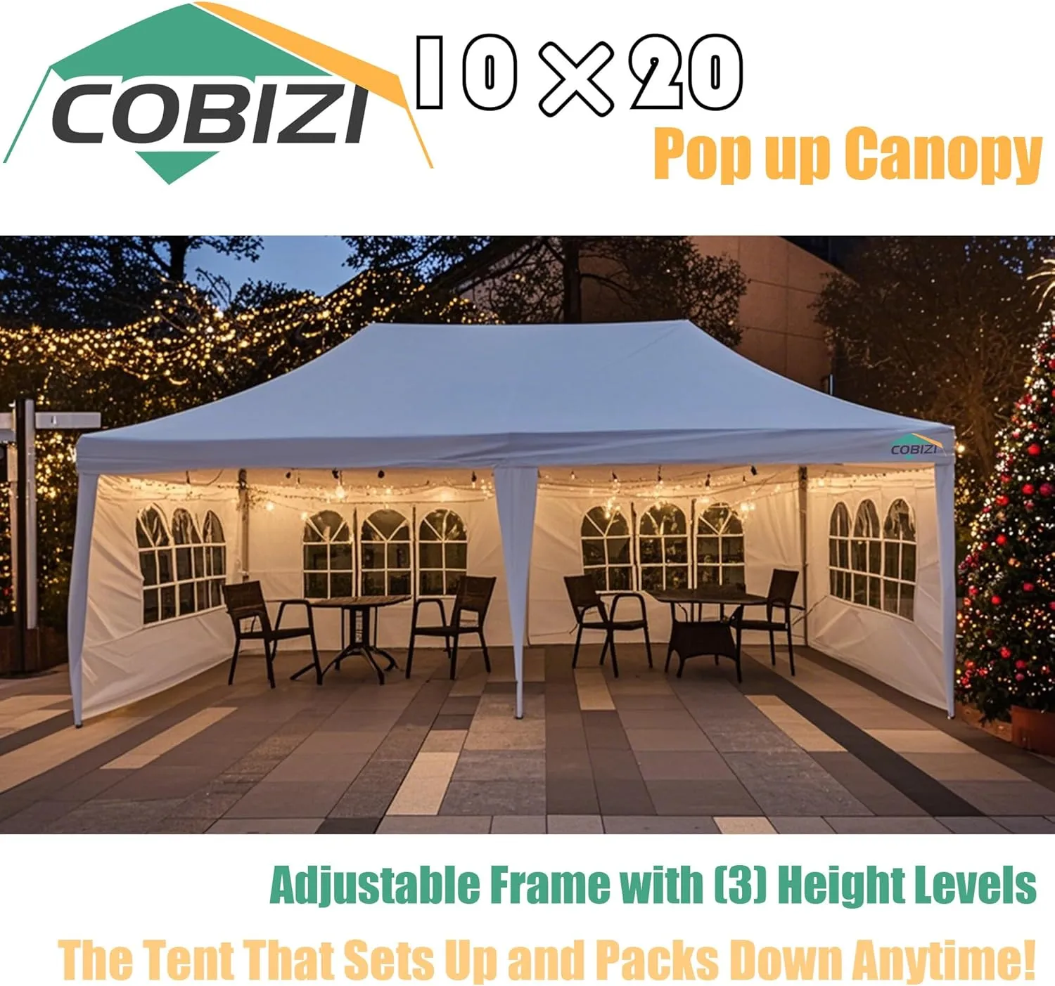 COBIZI 10x20 Pop Up Canopy Tent with Sidewalls,Party Tent Outdoor Gazebos, Waterproof & UV50 ,3 Adjustable Heights,Higher Frame Design - Extra Tall for Parties Backyard,Weddings,Markets,White