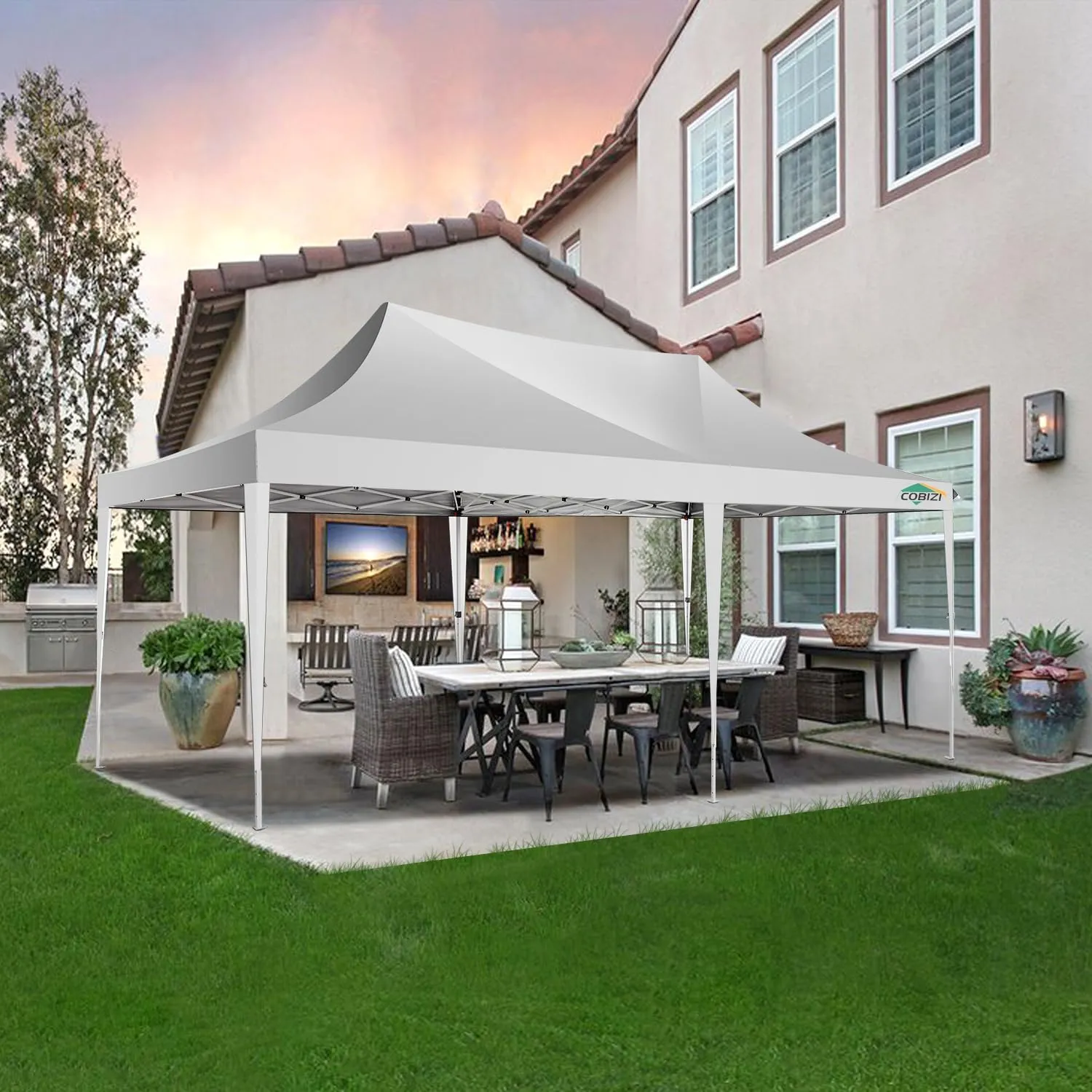 COBIZI 10x20 Pop Up Canopy Tent with Sidewalls,Party Tent Outdoor Gazebos, Waterproof & UV50 ,3 Adjustable Heights,Higher Frame Design - Extra Tall for Parties Backyard,Weddings,Markets,White
