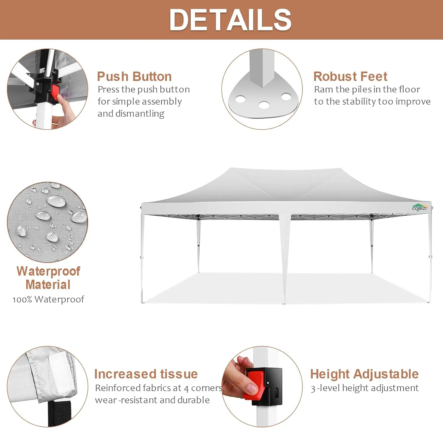 COBIZI 10x20 Pop Up Canopy Tent with Sidewalls,Party Tent Outdoor Gazebos, Waterproof & UV50 ,3 Adjustable Heights,Higher Frame Design - Extra Tall for Parties Backyard,Weddings,Markets,White