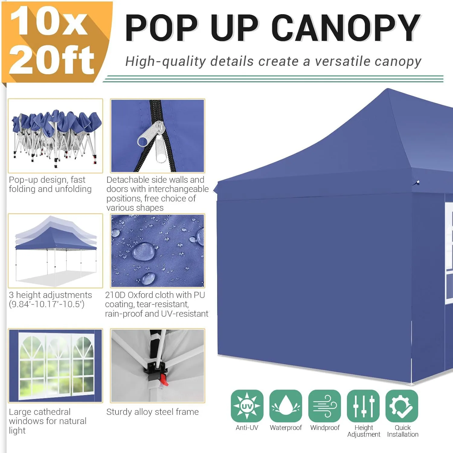 COBIZI 10x20 Pop Up Canopy with 4 Sidewalls, Conical Party Tent 10x20 with 3 Adjustable Height Waterproof, UV-Resistant EZ Outdoor Gazebo with Carry Bag, Sandbag, Stake, Rope for Parties, Commercial