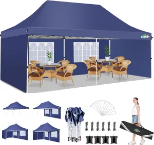 COBIZI 10x20 Pop Up Canopy with 4 Sidewalls, Conical Party Tent 10x20 with 3 Adjustable Height Waterproof, UV-Resistant EZ Outdoor Gazebo with Carry Bag, Sandbag, Stake, Rope for Parties, Commercial