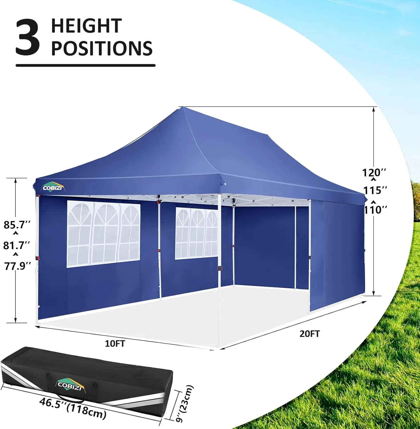 COBIZI 10x20 Pop Up Canopy with 4 Sidewalls, Conical Party Tent 10x20 with 3 Adjustable Height Waterproof, UV-Resistant EZ Outdoor Gazebo with Carry Bag, Sandbag, Stake, Rope for Parties, Commercial