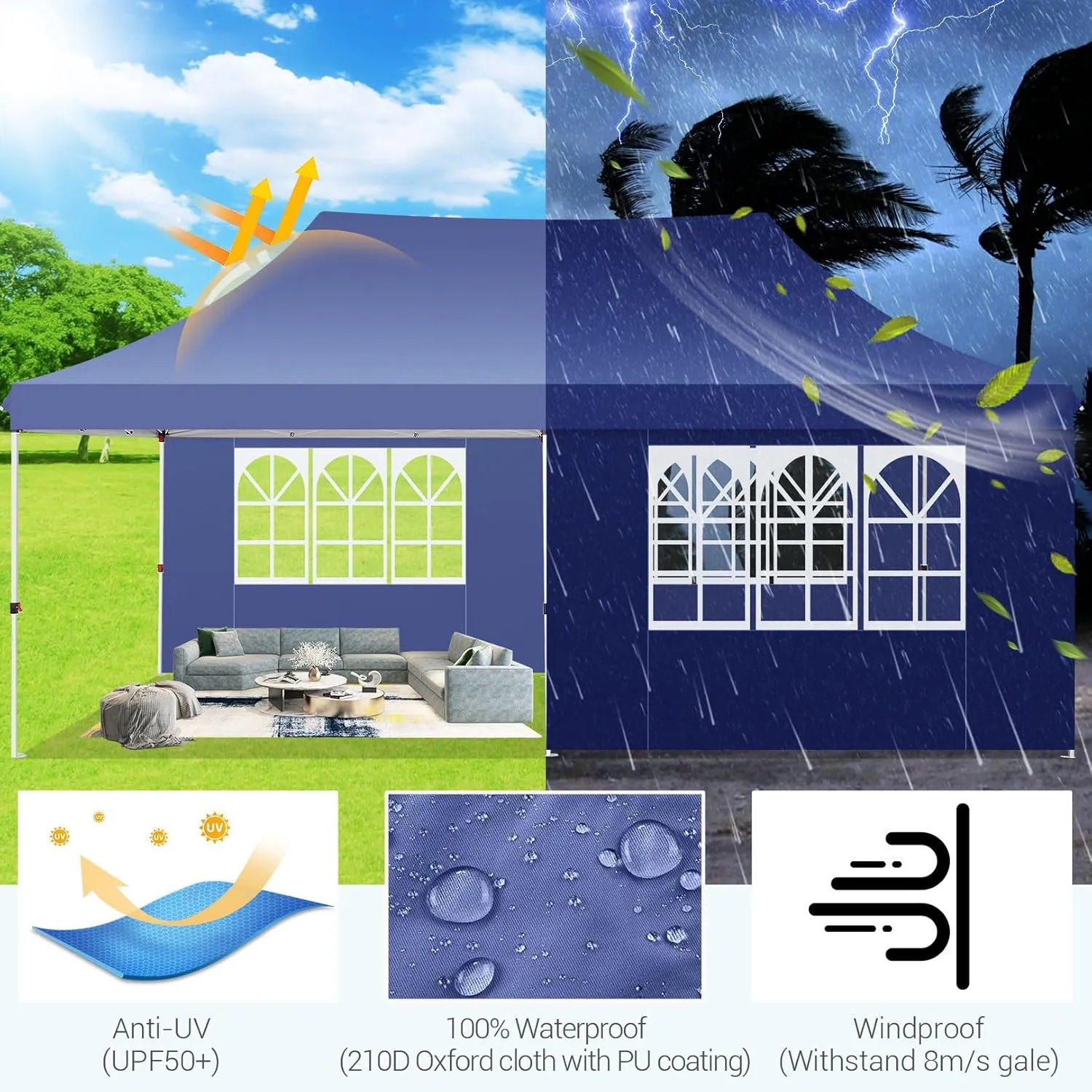 COBIZI 10x20 Pop Up Canopy with 4 Sidewalls, Conical Party Tent 10x20 with 3 Adjustable Height Waterproof, UV-Resistant EZ Outdoor Gazebo with Carry Bag, Sandbag, Stake, Rope for Parties, Commercial