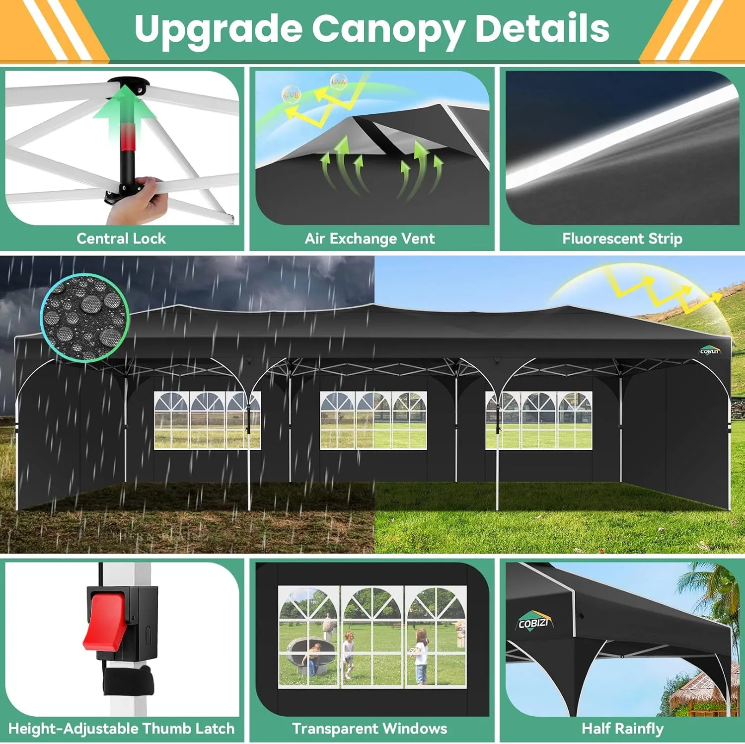 COBIZI 10x30 Party Tent: 10x30 Pop Up Canopy Tent with Wheeled Bag, Easy Up Canopy 3 Adjustable Heights，420D Waterproof UPF 50  Fabric, Tents for Parties Wedding with 5 Removable Sidewalls, (Black)