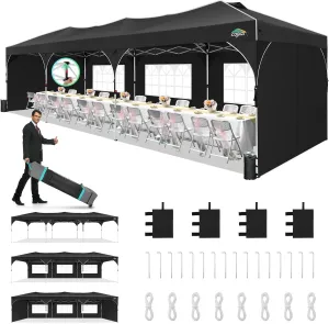 COBIZI 10x30 Party Tent: 10x30 Pop Up Canopy Tent with Wheeled Bag, Easy Up Canopy 3 Adjustable Heights，420D Waterproof UPF 50  Fabric, Tents for Parties Wedding with 5 Removable Sidewalls, (Black)