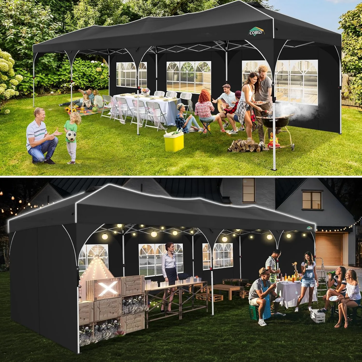 COBIZI 10x30 Party Tent: 10x30 Pop Up Canopy Tent with Wheeled Bag, Easy Up Canopy 3 Adjustable Heights，420D Waterproof UPF 50  Fabric, Tents for Parties Wedding with 5 Removable Sidewalls, (Black)
