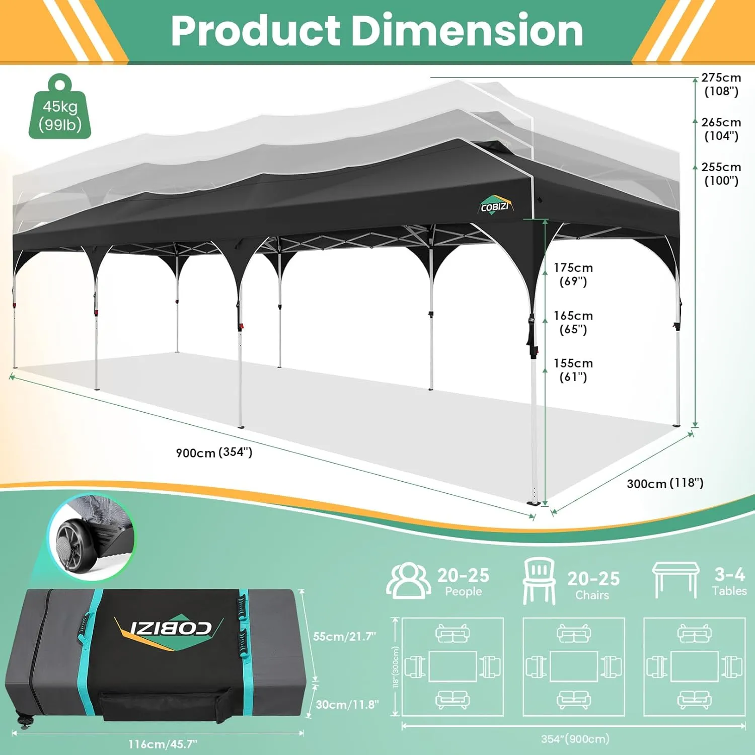 COBIZI 10x30 Party Tent: 10x30 Pop Up Canopy Tent with Wheeled Bag, Easy Up Canopy 3 Adjustable Heights，420D Waterproof UPF 50  Fabric, Tents for Parties Wedding with 5 Removable Sidewalls, (Black)