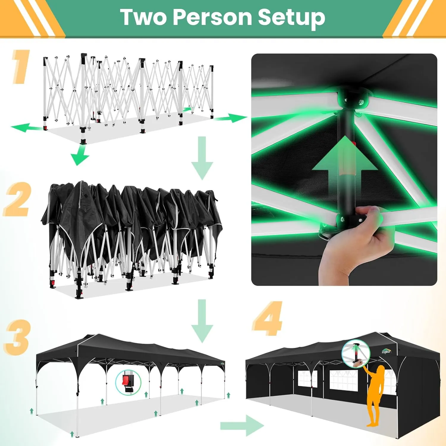 COBIZI 10x30 Party Tent: 10x30 Pop Up Canopy Tent with Wheeled Bag, Easy Up Canopy 3 Adjustable Heights，420D Waterproof UPF 50  Fabric, Tents for Parties Wedding with 5 Removable Sidewalls, (Black)