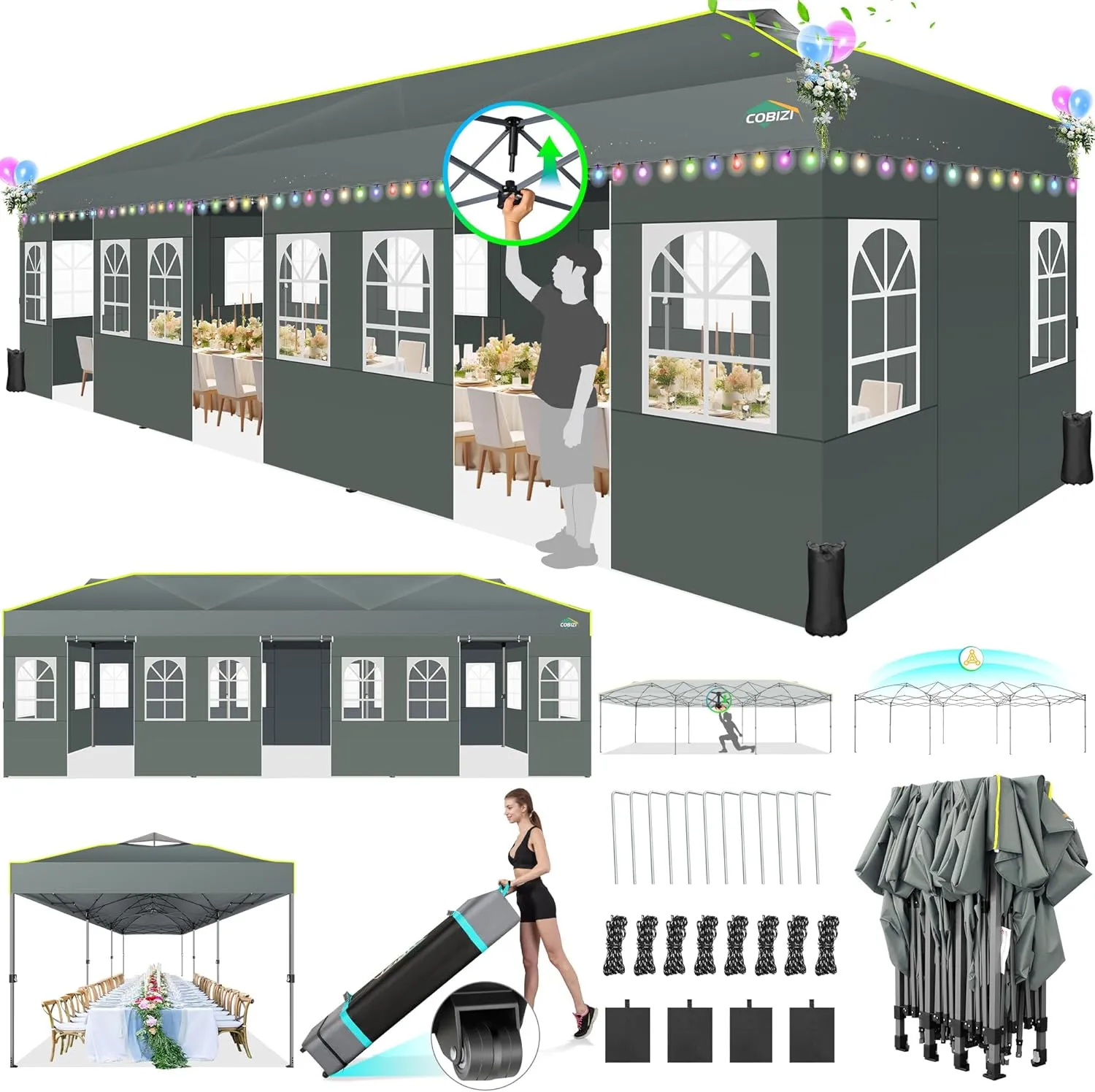 COBIZI 10x30 Pop Up Canopy Tent with Sidewalls Party Tent Outdoor Wedding Event Tent UPF 50  Waterproof Gazebo with Air Vent, Wheeled Bag, Sandbag, Stake, Rope, Grey