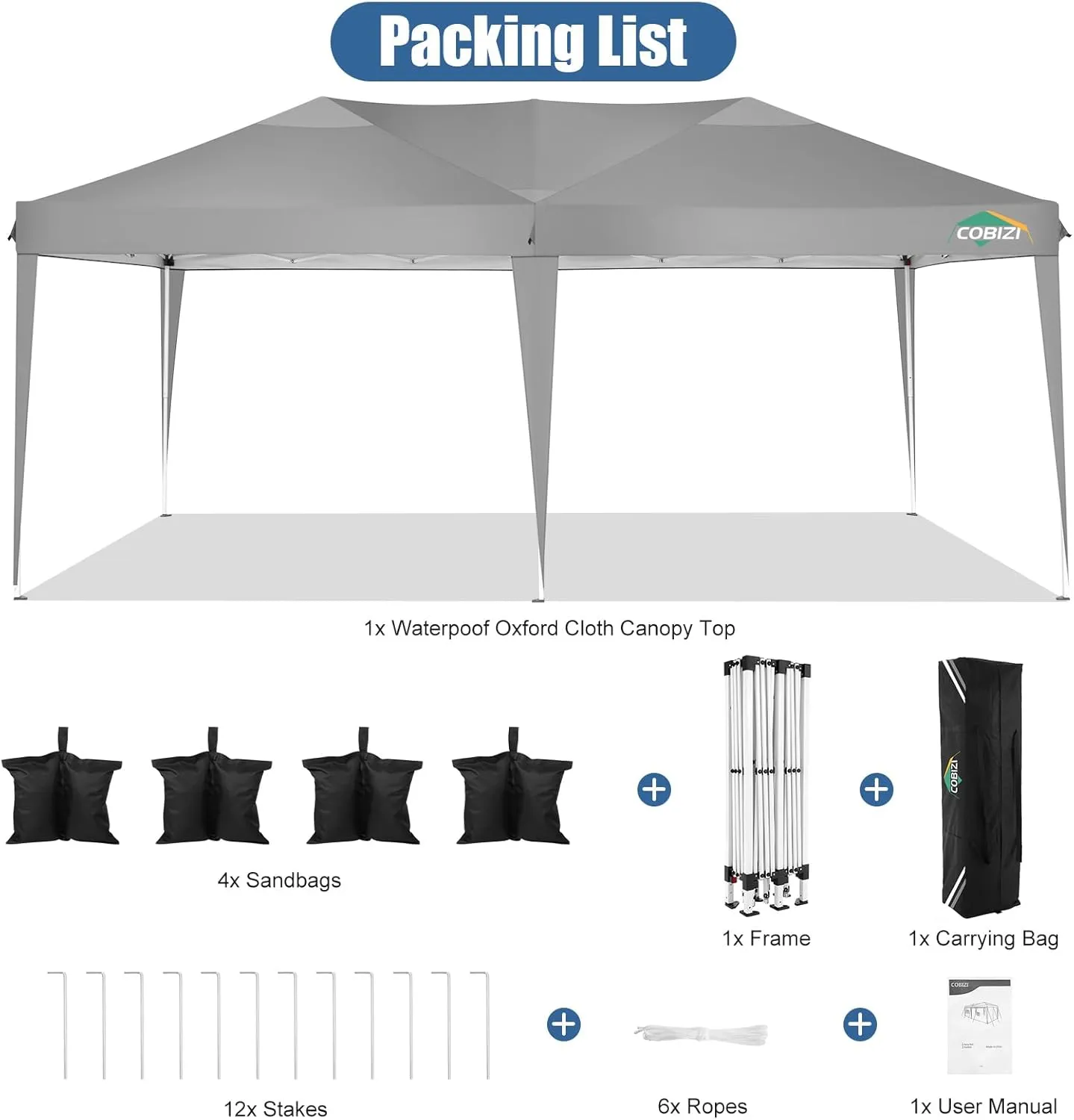 COBIZI Canopy 10x20 Pop Up Canopy Tent 10x20ft Waterproof Party Tent Ez Up Canopy Tents for Parties Wedding Outdoor Commercial Event Gazebo Portable Instant Tent for Backyard Camping Carport(Gray.