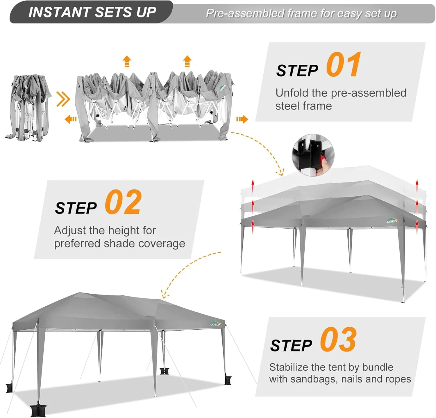 COBIZI Canopy 10x20 Pop Up Canopy Tent 10x20ft Waterproof Party Tent Ez Up Canopy Tents for Parties Wedding Outdoor Commercial Event Gazebo Portable Instant Tent for Backyard Camping Carport(Gray.