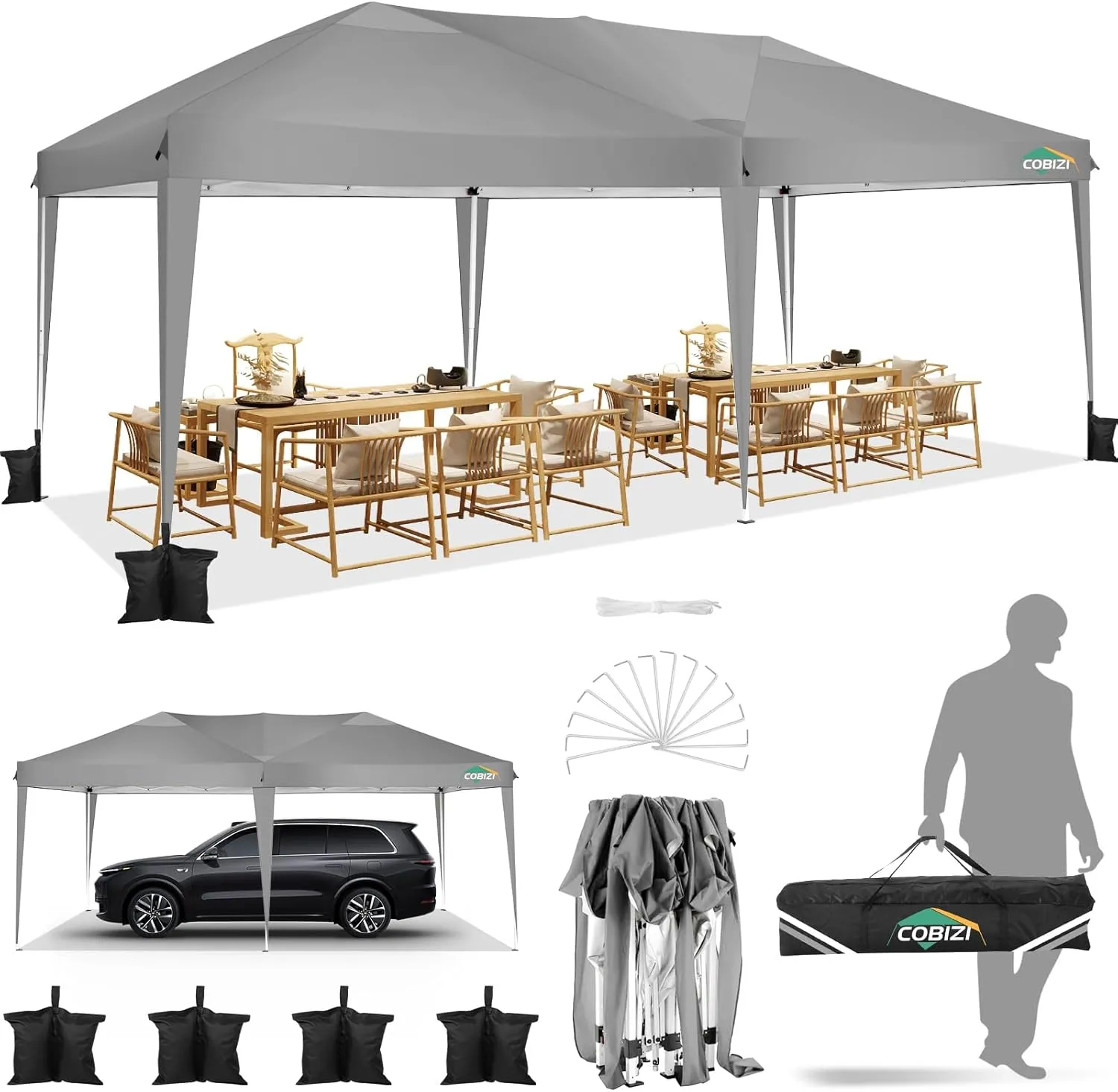 COBIZI Canopy 10x20 Pop Up Canopy Tent 10x20ft Waterproof Party Tent Ez Up Canopy Tents for Parties Wedding Outdoor Commercial Event Gazebo Portable Instant Tent for Backyard Camping Carport(Gray.