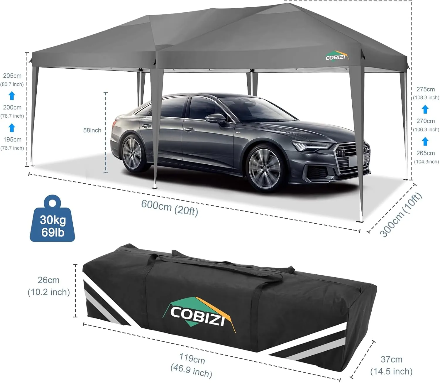 COBIZI Canopy 10x20 Pop Up Canopy Tent 10x20ft Waterproof Party Tent Ez Up Canopy Tents for Parties Wedding Outdoor Commercial Event Gazebo Portable Instant Tent for Backyard Camping Carport(Gray.