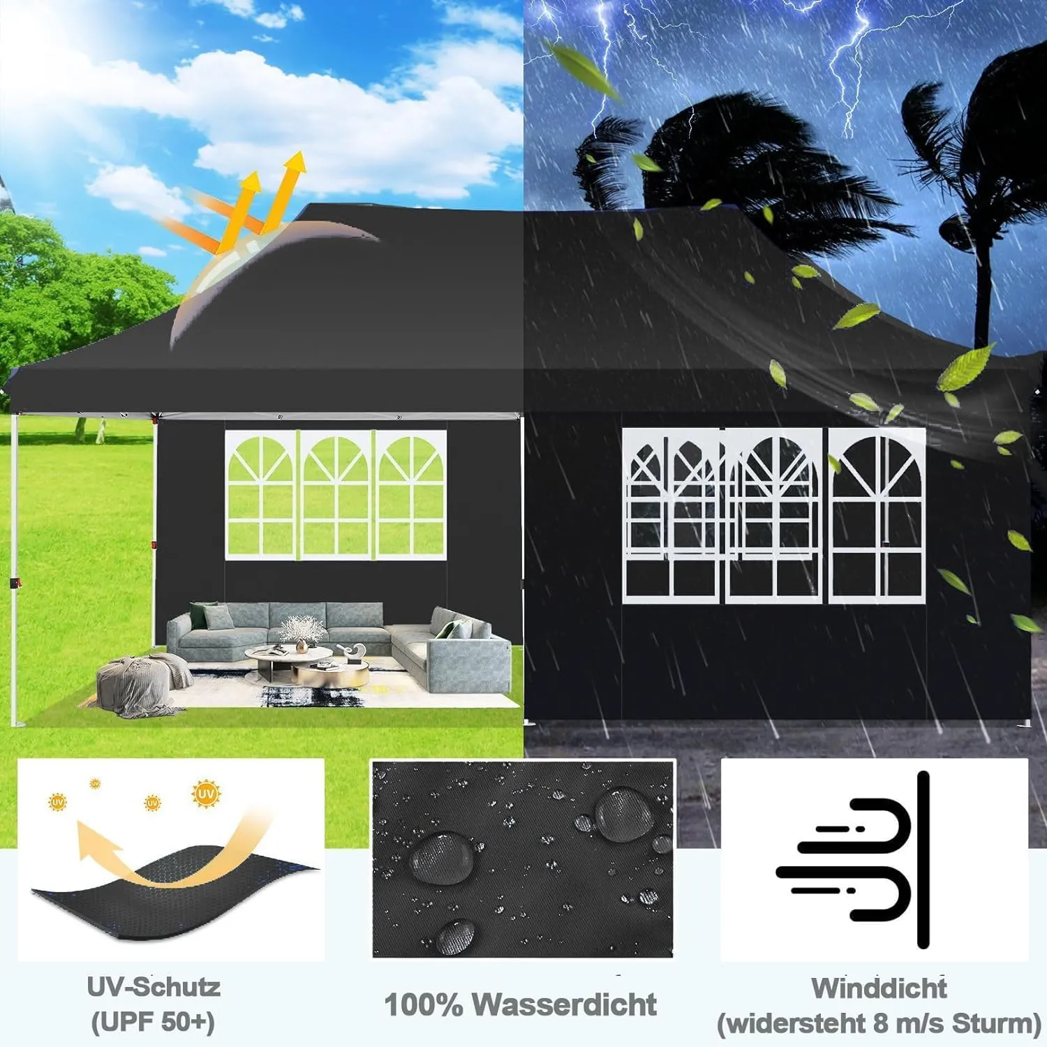 COBIZI Canopy 10x20 Pop Up Canopy Tent with 6 Sidewalls, Waterproof Commercial Canopy Ez Outdoor Instant Gazebo UV Protection 50  Event Shelter, Garden Tents for Parties with Sandbags, Black