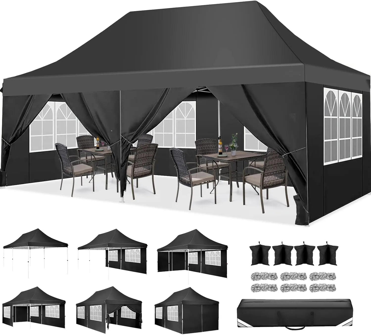 COBIZI Canopy 10x20 Pop Up Canopy Tent with 6 Sidewalls, Waterproof Commercial Canopy Ez Outdoor Instant Gazebo UV Protection 50  Event Shelter, Garden Tents for Parties with Sandbags, Black