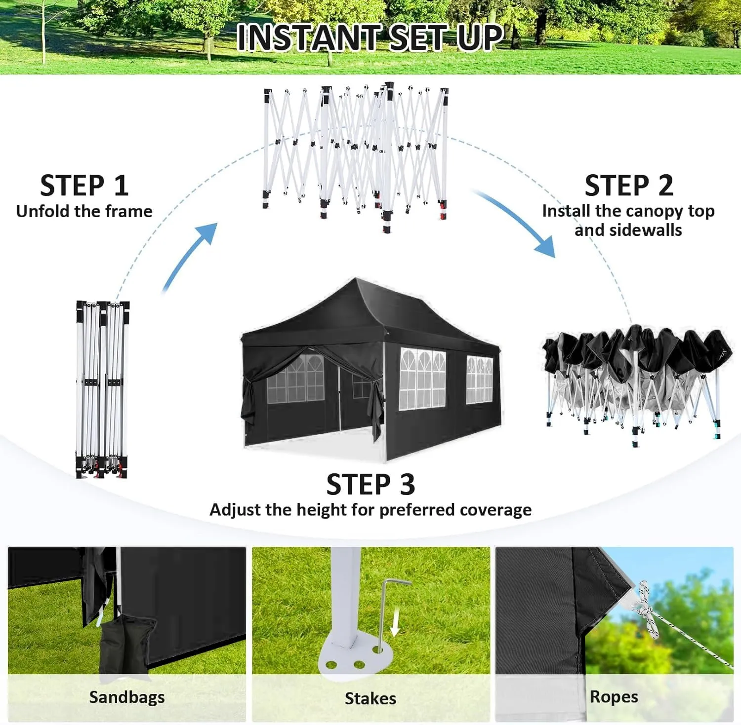 COBIZI Canopy 10x20 Pop Up Canopy Tent with 6 Sidewalls, Waterproof Commercial Canopy Ez Outdoor Instant Gazebo UV Protection 50  Event Shelter, Garden Tents for Parties with Sandbags, Black