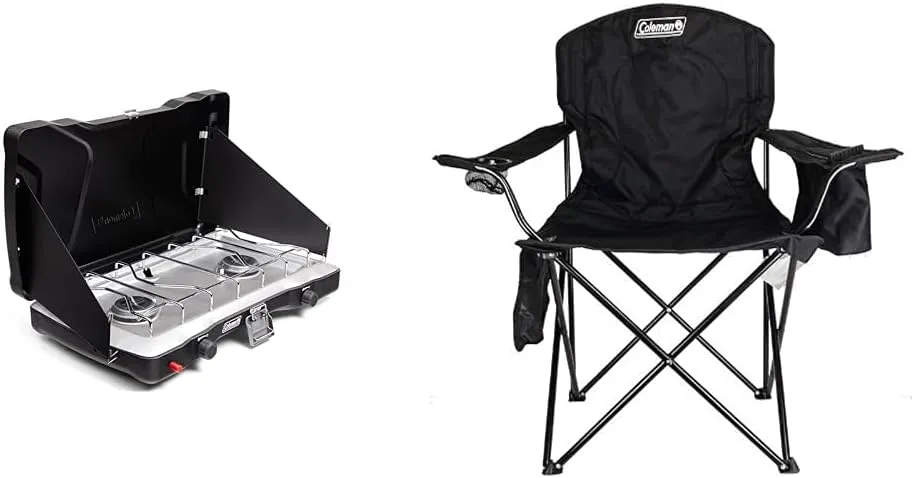 Coleman Triton  2 Burner Propane Camp Stove and Camp Chair with Built-in 4-Can Cooler, Black
