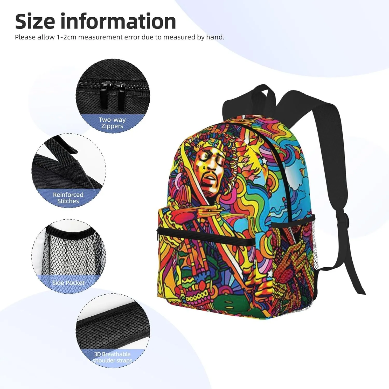 Colorful Guitar Hippie Backpack 16 Inch Laptop Backpacks For Women Men Large Bags For Travel Hiking Camping Day Pack Outdoor Daypack