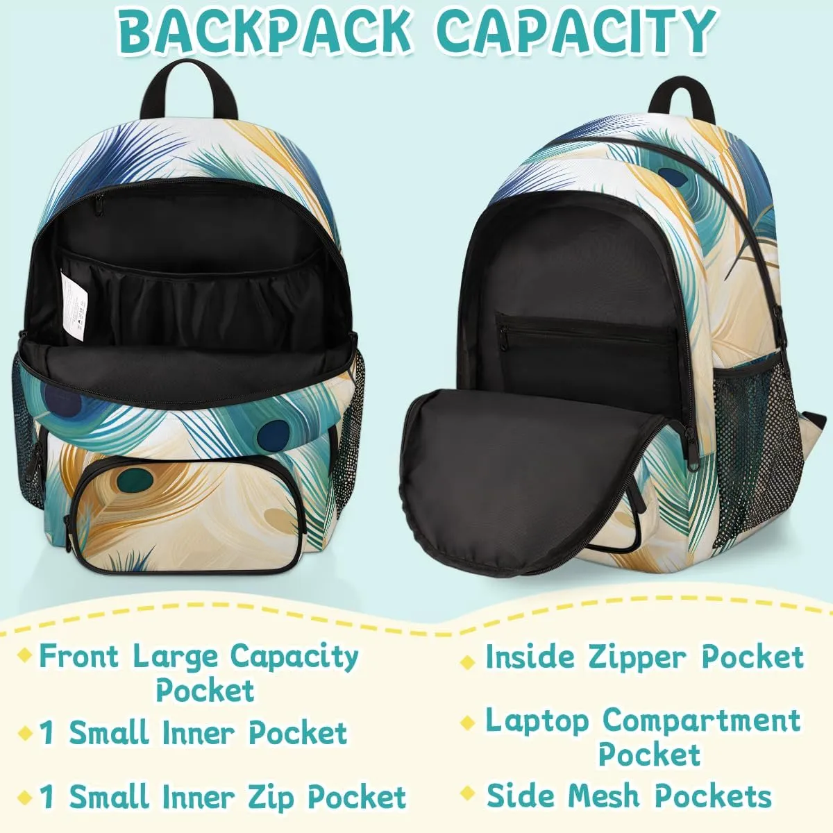 Colorful Peacock Feather Carry on Travel Backpack for Women Men Water resistant Lightweight Rucksack Backpack for Weekender Casual Work Hiking Boho