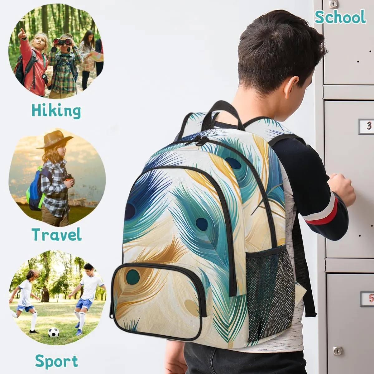 Colorful Peacock Feather Carry on Travel Backpack for Women Men Water resistant Lightweight Rucksack Backpack for Weekender Casual Work Hiking Boho